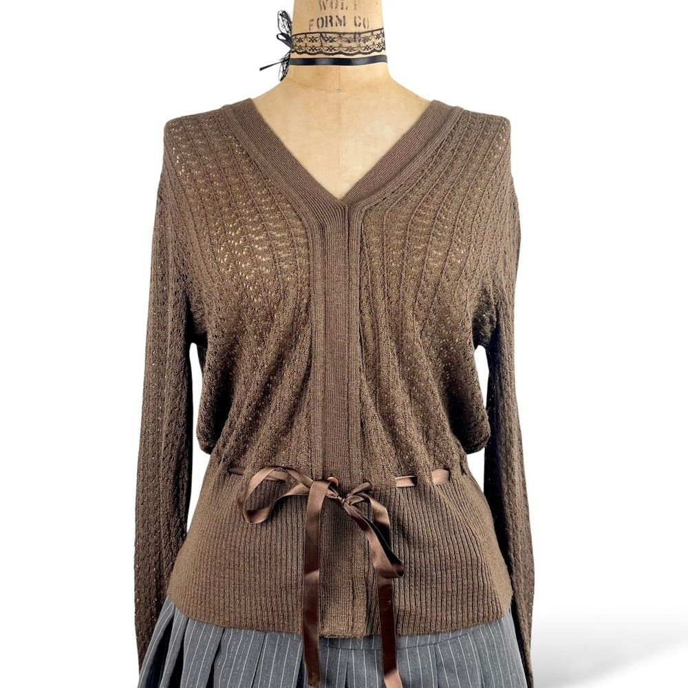 90s Pointelle Knit Fairy Grunge Cardigan Size L Ribbon Tie Coquette Cottegecore